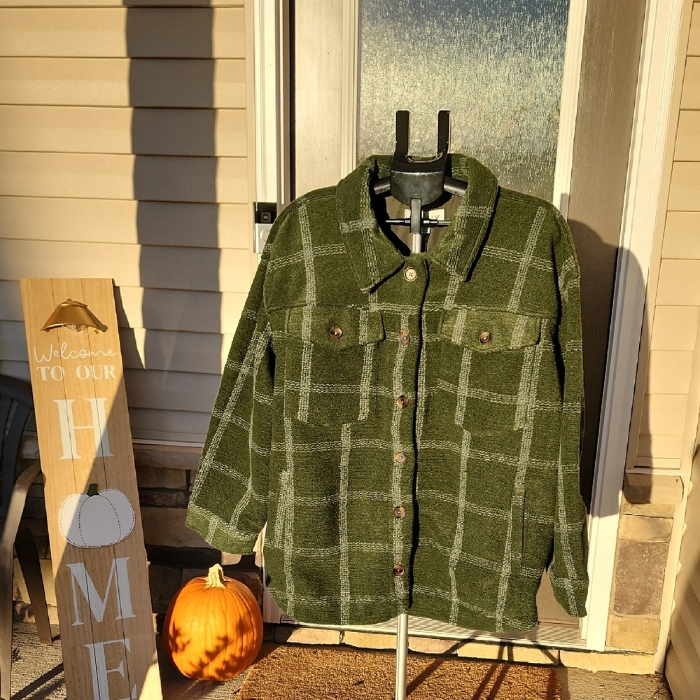 Ava & Viv Olive Green Women's Shacket Checkered Utility Shirt Jacket Size 3X NWT